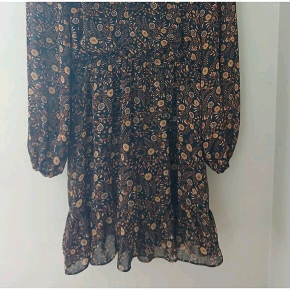 Evereve Olivia Flounce Mini Dress Size Small Brown Floral Elastic Waist Fall - Picture 4 of 9